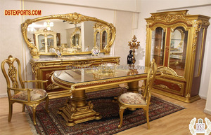 Juego de mesa de comedor de madera de teca, conjunto de comedor de estilo antiguo barroco con acabado dorado y clásico, mesa de comedor de estilo italiano - Product Image 5