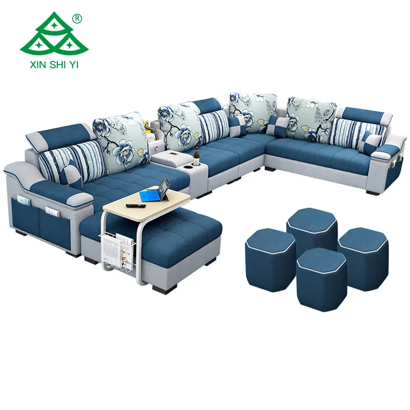 living room furniture multi-functional sofa set with USB charging , desk and stool/ super modern style big sectional sofa bed