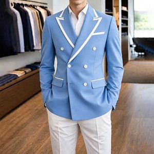 Abito da uomo blu cielo e <span class=keywords><strong>bianco</strong></span>, doppiopetto con revers a punta, giacca e pantaloni di alta qualità, 2 pezzi, per matrimonio, costume da uomo - Product Image 1