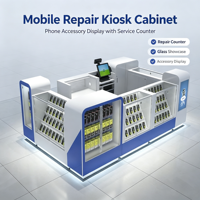Kiosque mobile de réparation de téléphones personnalisé, bleu et blanc, avec étagères de présentation en verre multicouche, comptoir de caisse POS intégré et éclairage LED