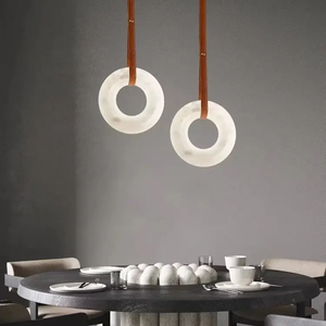 Lustre LED personnalisé en laiton et albâtre, design moderne, minimaliste, nordique, avec anneau en marbre, pour salon, salle à manger, chambre à coucher - Product Image 5