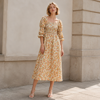 Robe midi florale personnalisée en lin et coton, col carré, corsage froncé, manches bouffantes, vêtements d'été pour femmes, fabricant de vêtements