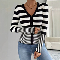 Kardigan Rajut Wanita Elegan Hitam Putih Bergaris, Kerah V Kancing Depan, Rajutan Rib, Lengan Panjang, Slim Fit, Atasan Rajut
