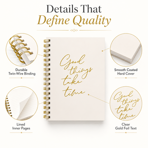 Carnet à spirale en feuille d'or avec citation inspirante - Les bonnes choses prennent du temps - A5 - Personnalisé - 80 feuilles - <span class=keywords><strong>Journal</strong></span> d'écriture - Cadeau d'entreprise - Product Image 2