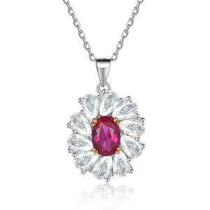 925 Sterling Silver Ruby CZ Gemstone Flower Shape Fashion Pendant Necklace