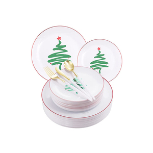 Red Rim Plastic Plates Sets For Parties Christmas White Cutlery Custom Dinnerware Christmas Plates Decorative Dinner Set