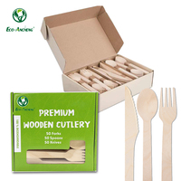 Lot de couverts en bois modernes jetables écologiques de haute qualité avec cuillère, fourchette et couteau de 160 mm, sans danger pour les aliments, pour les voyages et les fêtes