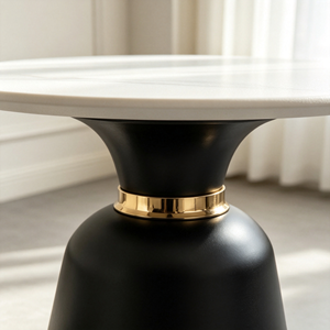 Table à manger ronde de luxe en pierre frittée, plateau blanc, base en forme de cloche noire avec bordure dorée, pour la maison, la salle à manger, l'hôtel, le restaurant - Product Image 2