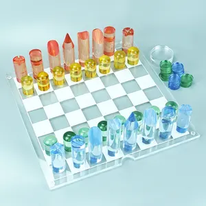 Luxury acrylic chess set with transparent colorful chess piece for play fun board game