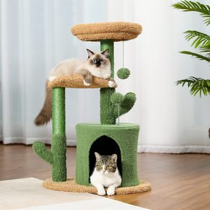 Perchas de felpa y bolas esponjosas para mascotas trepadoras, árboles modernos para gatos y rascador, árbol de madera para gatos Ca de 32 pulgadas, árbol de madera para gatos de Cactus - Product Image 1