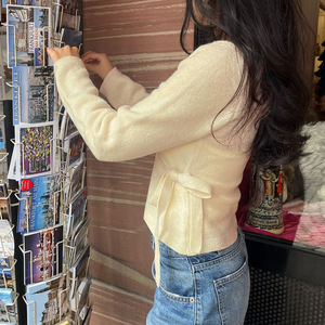 Suéter Casual de Mujer, Cuello en V, Color Sólido, Manga Larga, Suave, de Viscosa/Poliéster, Tejido por Ordenador, Cierre con Cordones, para Todas las Temporadas - Product Image 4