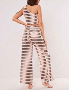 Custom High Quality Sleepwear Striped One Shoulder <strong>Crop</strong> Top and Pants Two Piece Loungewear Set Women Cotton Print <strong>Pajamas</strong> - Product Image 4
