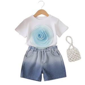 Completo due pezzi casual da <span class=keywords><strong>bambina</strong></span> 2026: T-shirt traspirante a maniche corte con fiori in rete tridimensionale e shorts in denim sfumato in lana pettinata - Product Image 5