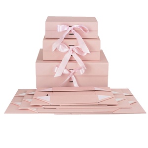Custom Pink Magnetic Flip Rigid Paperboard Gift <b>Boxes</b> with Gold Foil Matt Lamination Embossing <b>Foldable</b> Design and Ribbon - Product Image 2