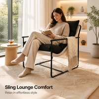Fauteuil lounge moderne en toile noire avec structure tubulaire noire, coussin segmenté crème, pour salon, hôtel, couleur, taille et logo personnalisables