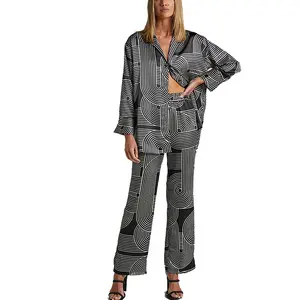 chic sublimation abstract notched collar shirts and pants sleepwear super soft polyester spandex women clothing sets fashion