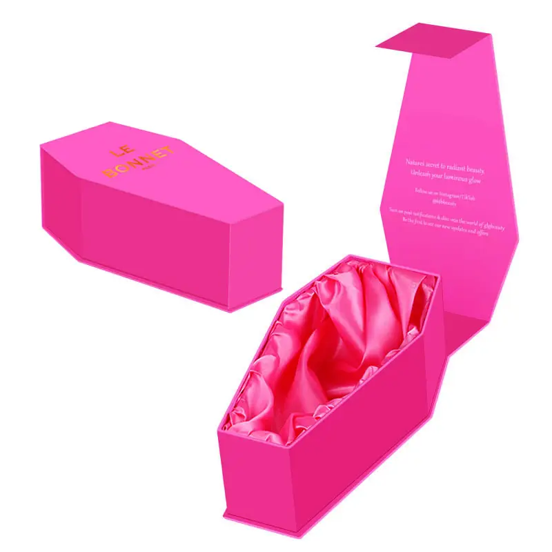 Роскошная розовая косметичка для гроба, ароматический парик, упаковка, картонная подарочная коробка для ресниц в форме гроба с пятнистой шелковой вставкой