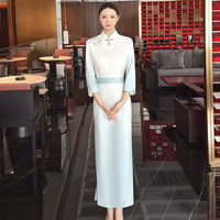 Robe Qipao bleu clair, robe Cheongsam, robe de carrière pour femmes, Qipao moderne, robes pour femmes, tenue de bureau pour femmes
