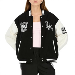 Chaqueta Varsity para Mujer, Negra, con Logotipo LA Bordado, Manga Larga, Cuello Camisero, Forro de Algodón Cortavientos para Invierno - Product Image 1