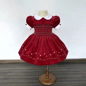 Robe rouge Casalia, robe à manches bouffantes brodée, col Peter Pan, jupe unie, coupe trapèze, Noël, Saint-Valentin - Product Image 1