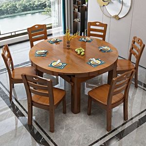 Solid Wood <b>Dining</b> <b>Table</b> And Chair <b>Set</b> 6 Piece Extendable <b>Round</b> <b>For</b> Small Apartments And 6 10 People - Product Image 1