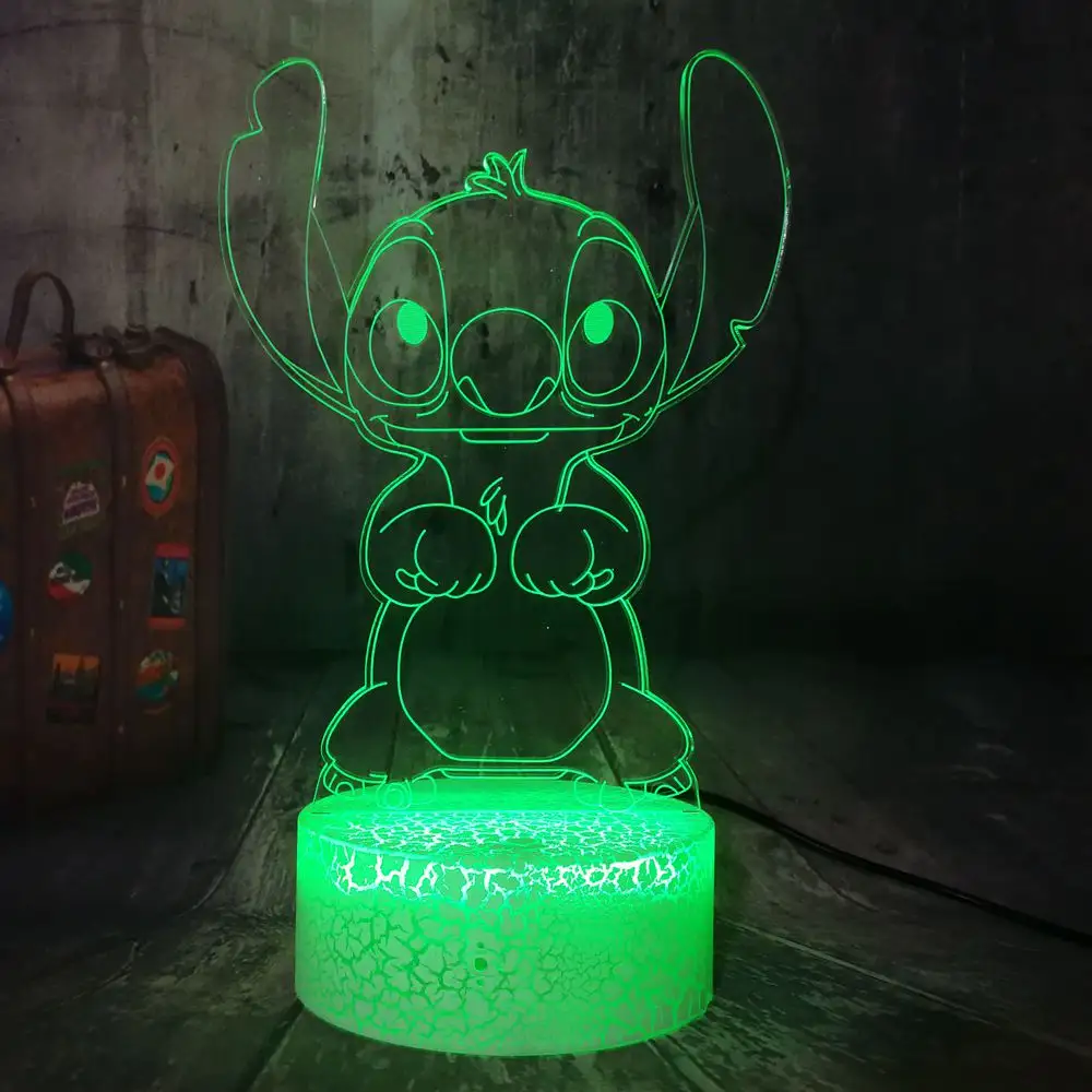 Lampu Dekorasi Kamar Anak Laki-laki, Lampu Malam 3D Sentuhan RGB Dasar Retak, Kartun Kawaii Lilo dan Stitch