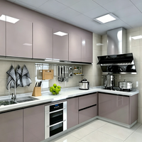 Meuble de cuisine avec porte en verre dépoli, éclairage d'ambiance diffuse, étagère ouverte, unité de présentation