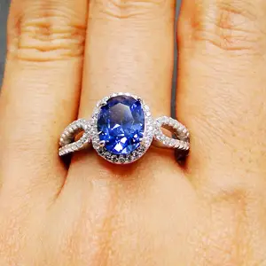 925 Sterling Silver Blue Tanzanite Oval Cut 6x8 mm Solitaire Ring Bridal Wedding Halo Split Shank White Gold Plated Ring
