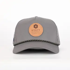 Wholesale Custom Leather Patch Logo 5 Panel Gorras Polyester Waterproof Sport Rope Hat High Quality Laser Cut Hole Baseball Cap