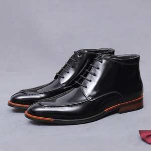 Men's handmade lace-up formal pointed-toe leather boots with shiny zipper, short boots, cowhide high-top men's <b>shoes</b> - Product Image 1