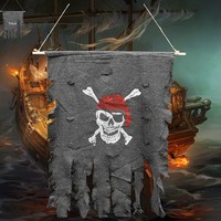 Décorations d'Halloween De Long : Drapeau de pirate en coton, Bandana rouge à tête de mort, Accessoires tête de fantôme, Décorations suspendues effrayantes pour fête et maison hantée