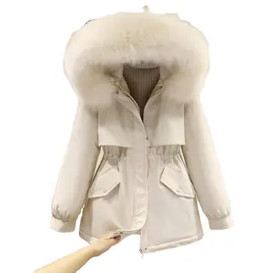 Women Parka Fashion 2024 Winter Jacket Slim with Fur Collar Warm Snow Wear Padded Clothes Long Coat Wool Liner Hooded Overcoat