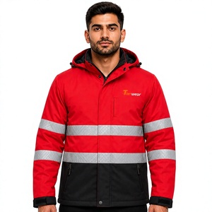 Men's <b>Red</b> High Visibility Hooded <b>Jacket</b> Reflective Stripes Zipper Closure <b>Waterproof</b> Windproof Reversible Design for Workwear - Product Image 1
