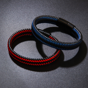 Men's Alloy Leather <b>Bracelet</b> Black Magnetic Clasp Microfiber Weave Geometric Design Gift Jewelry - Product Image 2