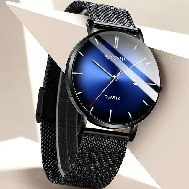 Fashion BELUSHI 101 Quartz Watch High Quality Waterproof Watch for Men with Calendar Mesh and Leather Band Male Wristwatch