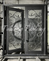 Porte d'entrée en fer d'usine Tanlong avec deux portes d'entrée en verre à ouverture arquée