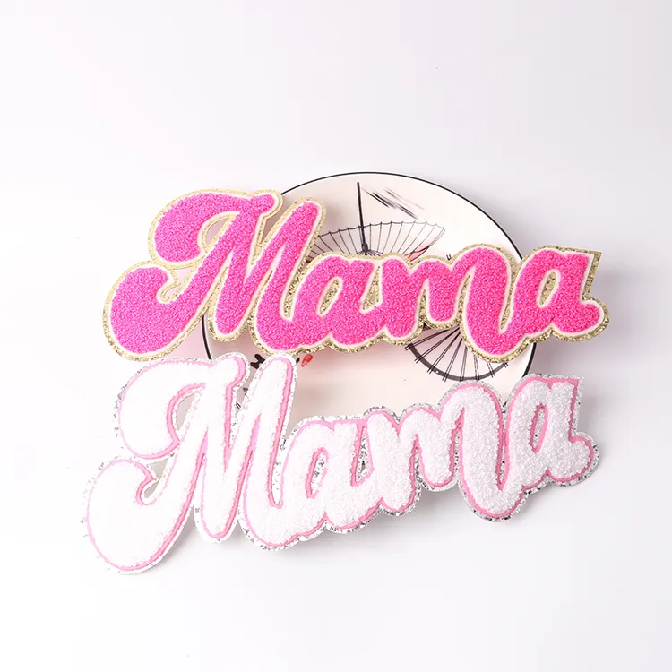 Hot sale black and white mom mama chenille embroidery patches big custom iron on hot pink mama chenille patch with gold glitter