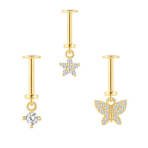 Pendientes de Plata S925 Chapados en Oro de 18K con Diseño Vertical de Flor y Mariposa, Adornados con Circonitas Cúbicas, Longitud de 6mm - Product Image 1