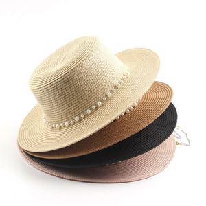 Wholesale Seaside Sunshade Paper Sun <b>Beach</b> <b>Hats</b> Flat Round Top <b>Womens</b> Straw <b>Hats</b> With Pearl Chain - Product Image 2