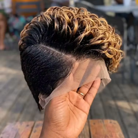 Perruque en cheveux humains naturels couleur été pour femme, coupe pixie courte sans dentelle, fabriquée à la machine, pour une allure élégante
