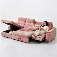 Canapé-lit sectionnel de luxe gain de place en tissu chenille rose avec fauteuil inclinable électrique, porte-gobelet et rangement pour salon