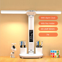 Lampe de Bureau LED Rechargeable à Double Tête, Tactile, avec Calendrier, Date et Porte-Stylo pour Chambre, Étude et Lecture