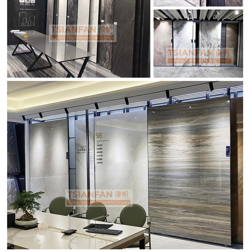 New design large metal horizontal push-pull fram showroom slate granite quartz sample artificial stone display rack