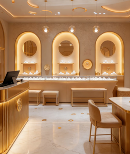 Servizio Completo di Design per Negozi e Sale Espositive di Gioielli di Lusso, Illuminazione LED, Design 3D in Legno e Metallo - Product Image 2