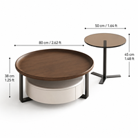 Table basse ronde moderne à double plateau avec plateau en verre et structure en bois, facile à nettoyer et à ranger, idéale pour salon et appartement