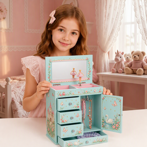 Boîte à bijoux musicale bleue Ballerine avec figurine rotative, miroir et 4 tiroirs de rangement pour bijoux pour filles - Product Image 3
