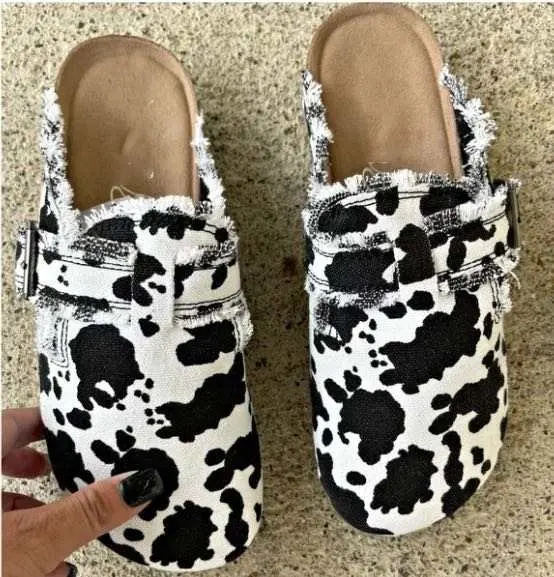 2022 Trendy Hot Sale Casual Canvas Flat Slides Cow Leopard Print Half Slippers Shoes for Women