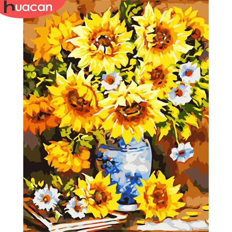 Huacan bingkai lukisan DIY dengan angka Kit bunga matahari abstrak seni dinding rumah Modern Gambar bunga lukisan dengan angka