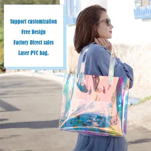 Fashionable Design Custom Logo Beach Bag Neon PVC Shopping Tote Laser Holographic Iridescent Waterproof Clothing Packaging