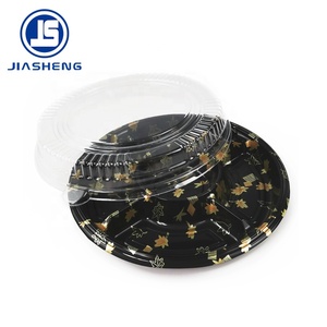 Disposable Food Grade Plastic Sushi Plates Round 5 Compartment Sushi Tray With Lid